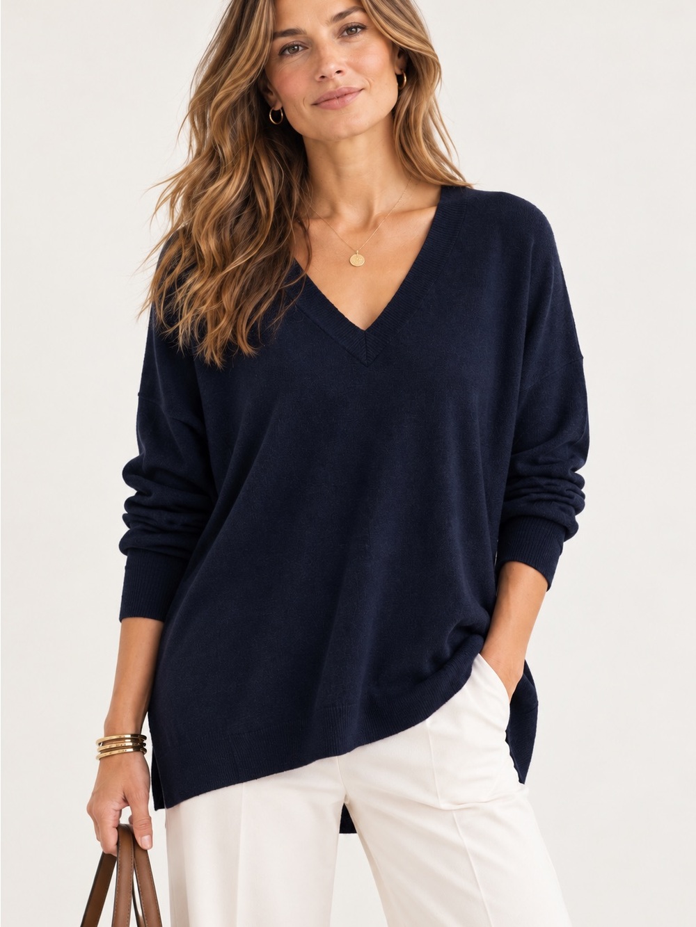 Vince Cashmere Wool Tunic Sweater Women M Navy Blue V-Neck Oversized Minimalist